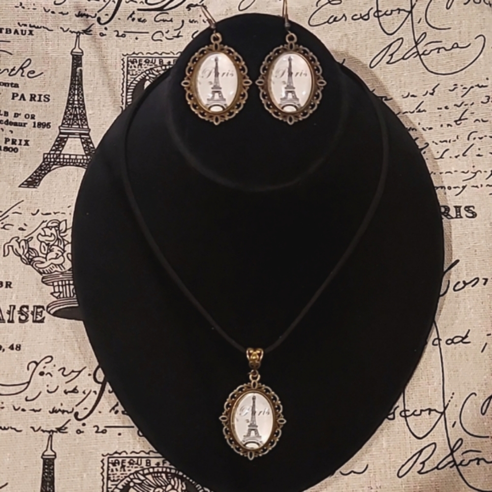 🗼 Antique Bronze Cabachon Paris Eifel Tower Cameo Set